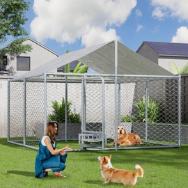 MAGIC UNION Large Dog Kennel with Rotating Feeder Bowls, Outdoor 7.5'x7.5' Heavy Duty Dog Cage Enclosures, Dog Pens Fence with Waterproof UV-Resistant Cover and Secure Lock