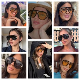 CHOWEI Trendy Aviator Sunglasses for Women Men Oversized Classic 70s Round Aviator Sun Glasses Vintage Shades, Black/Yellow