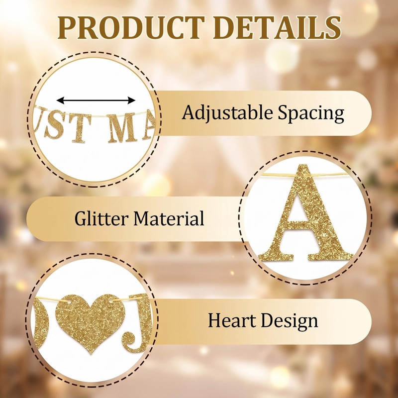 Guttiuaa Just Married Banner, 3 Pcs Gold Glitter Wedding Bunting