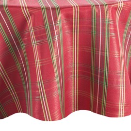 Elrene Home Fashions Shimmering Plaid Holiday Fabric Tablecloth, 70" Round, Red
