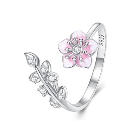 ShiYu Sterling Silver Pink Cherry Blossom Open Adjustable Ring Hypoallergenic Cubic Zirconia Wedding Ring Flower Jewelry for Women Best Friends, enamel, Enamel