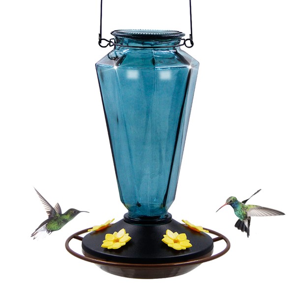 Juegoal Glass Hummingbird Feeders for Outdoors - 22 oz Wild Bird Feeder 5 Feeding Ports, Diamond Shaped Metal Handle Hanging for Garden Tree Yard Outside Decoration, Gray-Blue