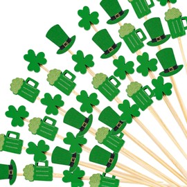 DERAYEE 150 Pcs St Patrick's Day Cocktail Sticks, 4.7 Inch Shamrock Irish Green Hat Green Beer Clover Disposable Bamboo Sandwich Fruit Toothpicks for Appetizers St. Patrick's Day Party