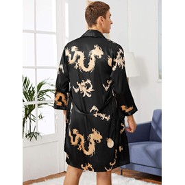 SOLY HUX Men's Long Sleeve Silk Sleepwear Satin Kimono Robe with Shorts Pajamas Set Black M