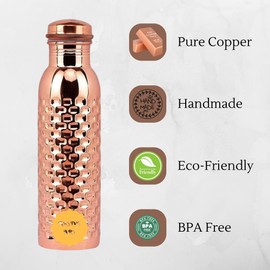 Rasiya Art Pure Copper Metal Water Bottle - 32 oz - Indian Handmade Ayurveda Healing Drinking Water Bottle for Travel, Hiking, Gym, Office, Outdoor - Glossy Brick