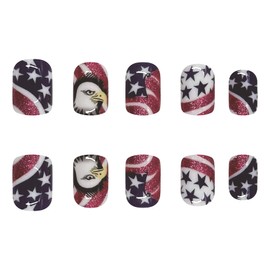4th of July Press on Nails Short Square Fake Nails Bald Eagle & USA Flag Designs Red Glitter Press on Nails Glossy Acrylic Nails Full Cover Stick on Nails for Women Girls 4th of July Parade Manicure