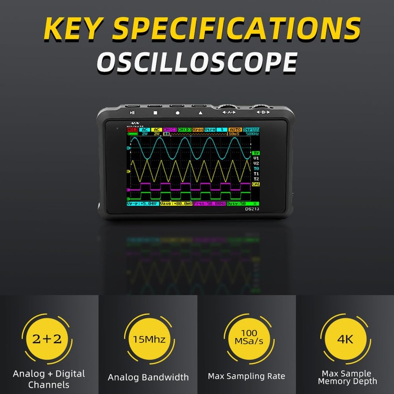 MINIWARE Handheld Oscilloscope DS213, Portable Oscilloscope Mini Size Handheld, Built-in