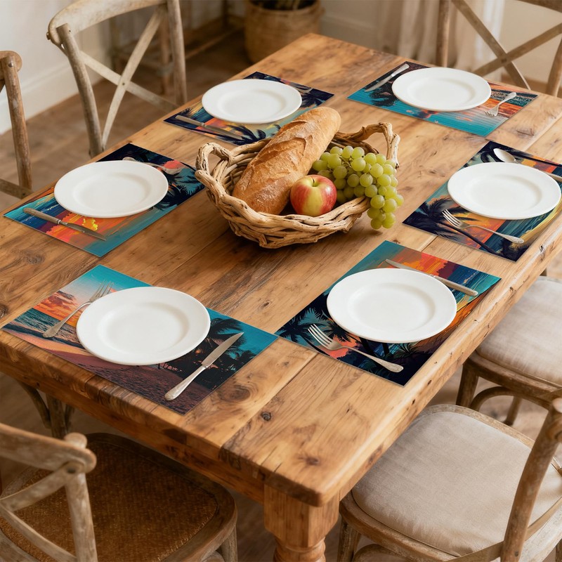 Sea Sunset Linen Placemats Set of 6, Decorative Table Mats