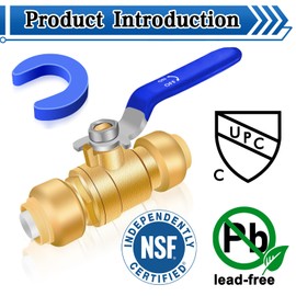 Push Fit Ball Valve, 2pcs 3/4 Inch x 3/4 Inch Push-to-Connect Water Shut Off Valve with 1 Disconnect Clip, Brass Plumbing Water Valve, Pex Push Ball Valve, Used for PEX or PVC Tubing or Copper Pipes