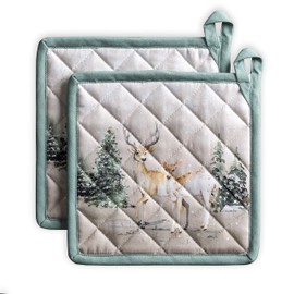 Maison d' Hermine Pot Holder 100% Cotton Set of 2, 8 Inch x 8 Inch with Loop Heat Resistant Hot Pads, Grilling, Microwave, Barbeque, Deer in The Woods - Thanksgiving/Christmas