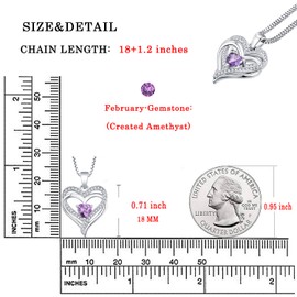 YL Women's Heart Necklace 925 Sterling Silver Pendant 12 Birthstone Cubic Zirconia Double Heart Chain Jewellery Gifts for Mother Her Wife Girlfriend, Silver, Amethyst