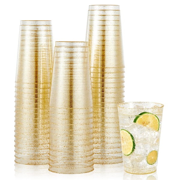 JOLLY CHEF 100pcs 12OZ Gold Plastic Cups,Disposable Gold Cups,Clear Plastic Tumblers,Gold Glitter Cups,Disposable Cups for Wedding,Thanksgiving, Christmas Party