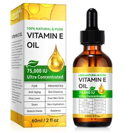 Vitamin E Oil, Organic Vitamin E Oil for Skin, Face, Hair, Scalp, Nails and Scars, Provides Intensive Care for Your Skin, Face & Body, 75,000 IU - 60 ml