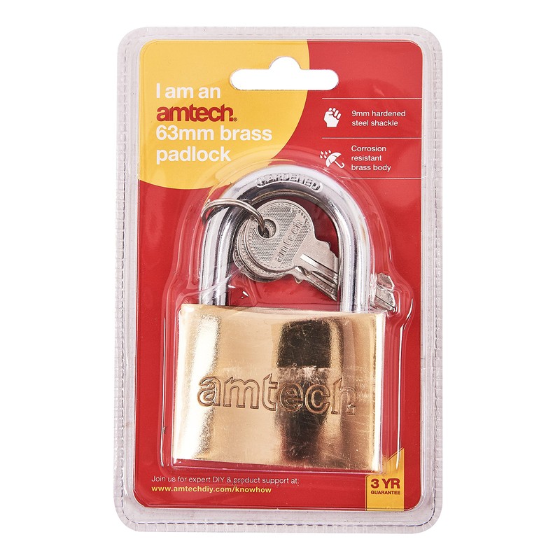 Amtech T1400C 63mm Solid Brass Padlock, Small Padlock with Keys