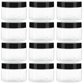 TUZAZO 1 Oz Small Plastic Container Jars with Lids and Labels BPA Free, Empty Round Clear Cosmetic Containers Plastic Slime Jars for Lotion, Cream, Ointments, Samples, Makeup, Travel Storage (12 Pack)
