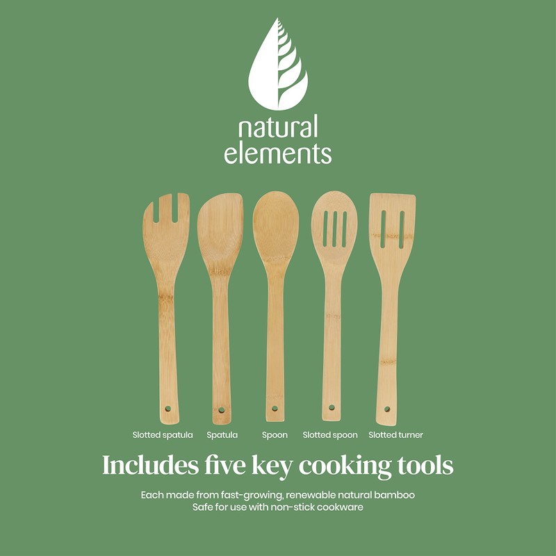 Natural Elements Eco Bamboo Kitchen Utensil Set, Non Stick Safe,