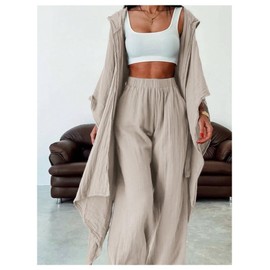SOLY HUX Women's 2 Piece Outfit Hooded Kimono Flowy Cardigan High Waisted Pants Casual Suits Plain Apricot Small
