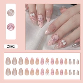 24Pcs Valentine's Day Bow Press on Nails Long Almond Fake Nails with Bow and Nail Art Rhinestones Design Full Cover Nude Stick on Nails French Tip False Nails Holiday Artificial Nail for Women
