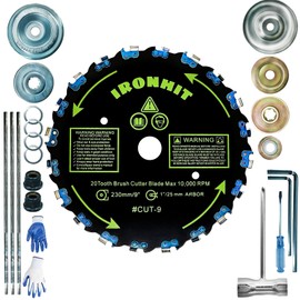 IRONHIT 9" x 20T Chainsaw Brush Cutter Blades, Weed Eater Blades, with Universal Adapter Kit, 3/16" Chainsaw Files, Brush Cutter String Trimmer Blades (1)
