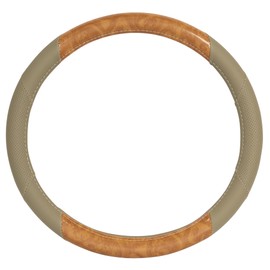 BDK BurlwoodLux Wood Grain and PU Leather Beige Steering Wheel Cover - Sport Grip for Car Auto SUV Trucks