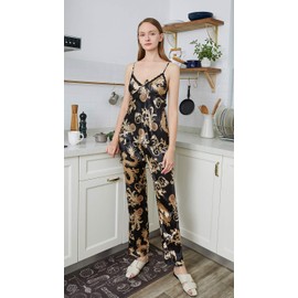 Escalier Women's Silk Satin Pajamas Set 3 Pcs Floral Silky Pj Sets Sleepwear Cami Nightwear with Robe and Pants Black S