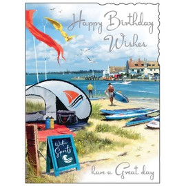 Jonny Javelin Male Birthday Card - Happy Birthday Card with Artistic Watersports Beach Scene and Embossed Foil Details - Birthday Card for Men