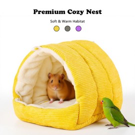 Hoopttay Bird Bed for Cage Winter Warm Bird Bed with Soft Plush Hanging Hammock & Hut Tent, Hideaway Sleeping Nest for Budgies, Parakeets, Cockatiels (Yellow, M)