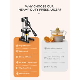 QCen Professional Cast Iron Manual Juicer, Heavy Duty Citrus Press with Stainless Steel Strainer, Easy-to-Clean Hand Squeezer for Orange, Lemon, Lime and Grapefruit - Black (Black)