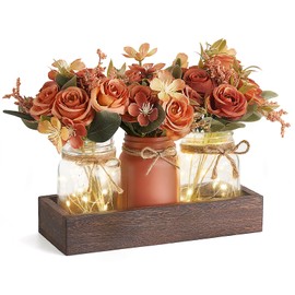 Mkono Mason Jar Lights Centerpiece Table Decorations for Dining Room Farmhouse Coffee Table Decor Tray with 3 Jars Flowers Christmas Centerpieces Fall Decor for Kitchen Living Dining Room, Orange