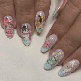 Christmas Press on Nails Almond Shaped Glossy Full Cover Acrylic Medium Almond Winter False Nails with Cartoon Designs Artificial Holiday Almond Fake Nails with Glue ons Fingernails for Women Girls