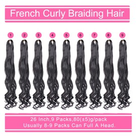 Leeven 9 Packs French Curly Braiding Hair Loose Wavy 26 Inch Pre Stretched Bouncy Braiding Hair Extensions Synthetic French Curl Crochet Hair Extensions for Boho Box Braids(26Inch/9packs/1B#)