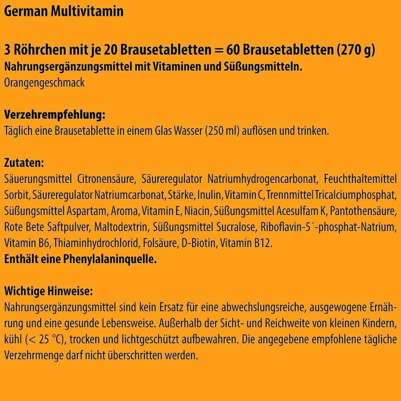German Multivitamin Effervescent Tablets Pack of 60 Orange Flavour -