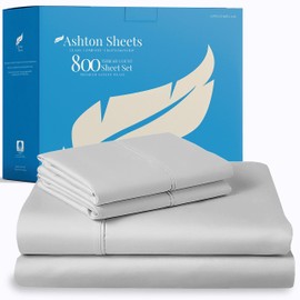 Ashton Sheets 100% Egyptian Cotton Queen Sheet Set - 800 Thread Count 4 PC Egyptian Cotton Sheets Queen Size, Luxury Sheets, Soft, Cooling, High Thread Count Sateen Sheets, 16" Deep Pocket - Silver