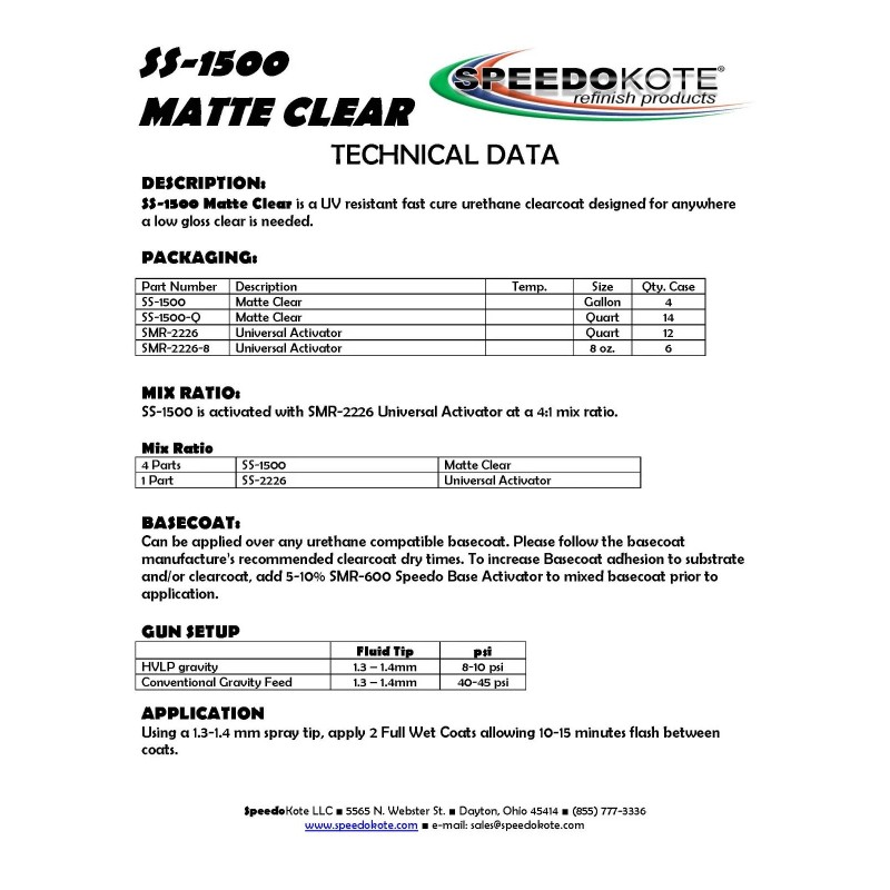 Speedokote Acrylic 2K Urethane Matte Low Gloss Satin Clear Coat,