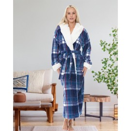 Alexander Del Rossa Sherpa Robes for Women Long, Womens Robes Long Hooded Bathrobes for Women, Plus Size Robe with Hood Purple Tartan Plaid Large (A0273AGRLG)