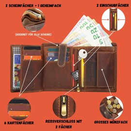 Men's Leather Wallet with RFID Protection and Secret Compartment, Genuine Leather Wallet for Men with Gift Box, Extra Sturdy Double Stitching I Portrait Format, brown, Portrait
