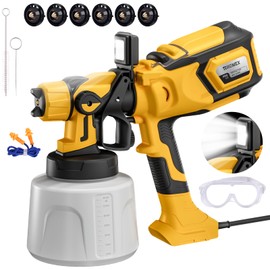LED Light Paint Sprayer,1000W Paint Gun with Cleaning & Blowing Joints,1400ml Cup Spray Paint Gun with Adjustable Flow Width,6 Nozzles and 3 Patterns,Yellow Paint Sprayer for House Painting