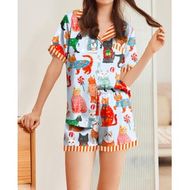 Ekouaer Womens Silk Satin Pajamas Set Animals Print Pjs Button Down Short Sleeve Lounge Set 2 Piece Sleepwear Cat M