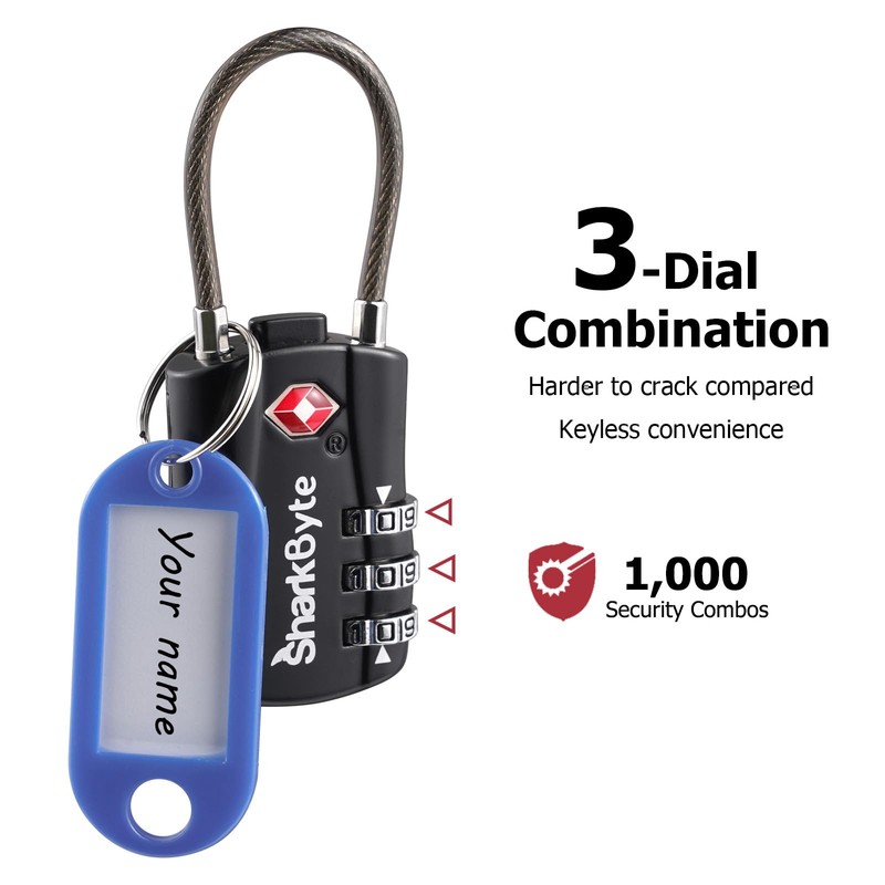 SharkByte TSA Approved Luggage Locks, 3-Dial Security Travel Combination Padlock