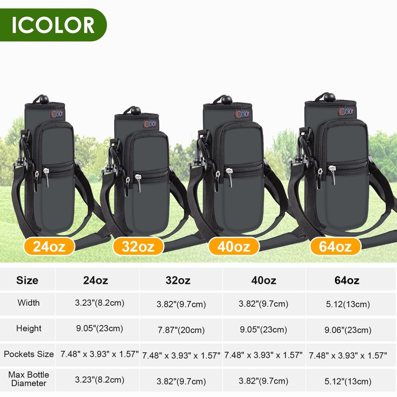 icolor Water Bottle Carrier Bag Holder 25/32/40/64oz,Adjustable Shoulder & Handle