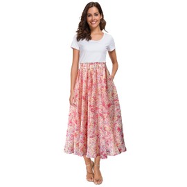 Afibi Women High Waist Floral Print Swing Chiffon Beach Midi Long Skirt with Pockets (Large, Pink)