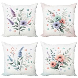 Ambesonne Floral Pastel Botanical Print Pillow Covers with Playful Dots and Flowers Decorative Accent Double Sided Print 16 Inch Coral Sage Green and Lilac 4