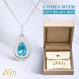 Ayn Jewel Birthstone Necklace For Women – Platinum Plated 925 Sterling Silver Teardrop Birthstones Pendants Necklaces , Women’s Birth Stone Tarnish Free Jewelry , Gemstone Gift For Wife Mother Her (March Light Blue Aquamarine)