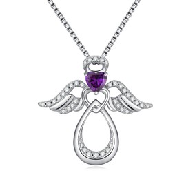 JiaYangJY Silver Guardian Angel Necklace 18K White Gold Plated Heart Infinity Pendant February Amethyst Jewelry Gifts for Her