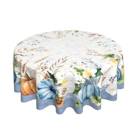 Fall Blue Orange Pumpkin Tablecloth Round 60 Inch Autumn Floral Leaves Decorative Table Cloth Washable Wrinkle Stain-Resistant Thanksgiving Harvest Farmhouse Table Cover For Party Picnic Dinner