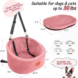 Lealchum Dog Car Seat for Small Dogs Up to 30 Lbs,Ultra Soft Fabric Fill in Comfy Memory Foam,Happy Pet Ride,2 Safety Dog Leashes,Fully Detachable and Washable,Anti Slip Base(Pink)