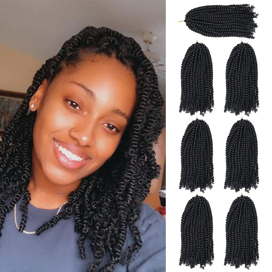 7 Pack Spring Twist Crochet Braiding Hair 10 Inch Bomb Twist Crochet Braids Ombre Colors Low Temperature Kanekalon Synthetic Fluffy Hair Extensions 15 Strands 75g/Pack (10 inches, 1B#)