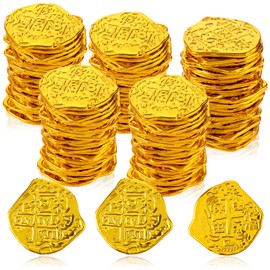 Lusofie 100 pcs Gold Coins Pirate Treasure Plastic Pirate Coins Replica Spanish Doubloons for Pirate Party Decorations, Games, Adventure Themed Events
