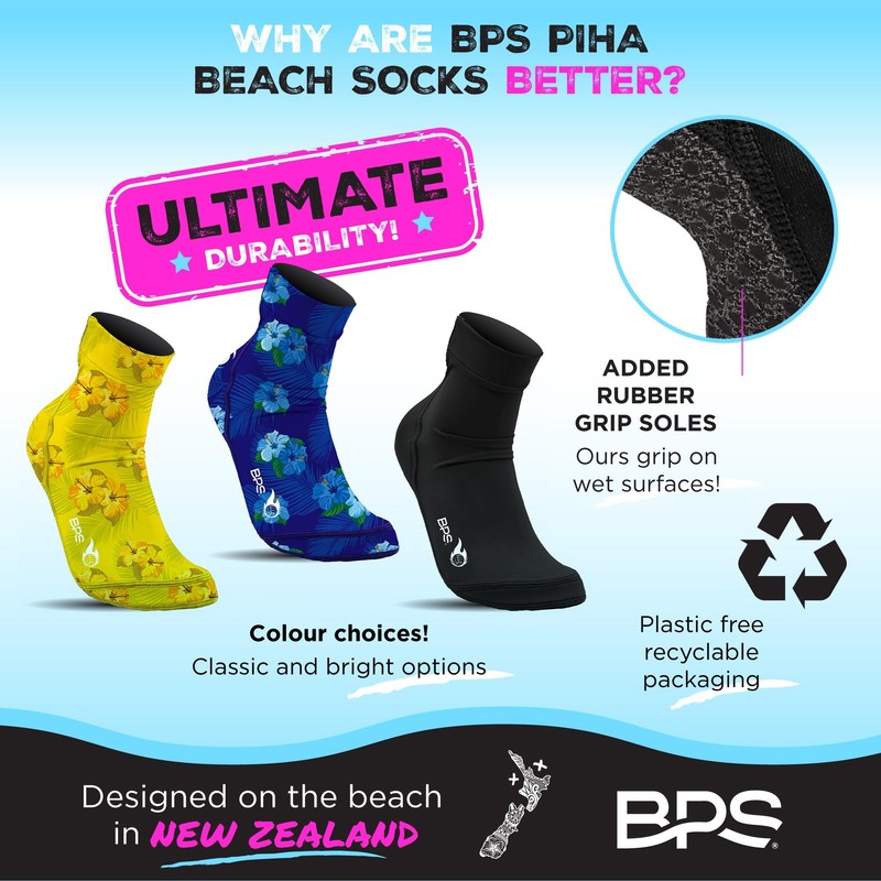 BPS 'Piha' Water Socks (Black with Rubber Grip Soles, Medium)