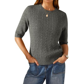 Arach&Cloz Women's Wool Blend Short Elbow Sleeve Tops Old Money Summer Crew Neck Cable Knit Fall Dressy Casual Pullover Fashion Outfits Sweater 2025 Gray XL